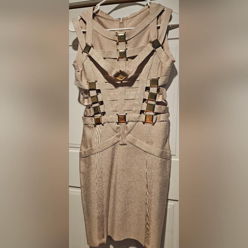 Beige Bandage Dress with Gold Accents